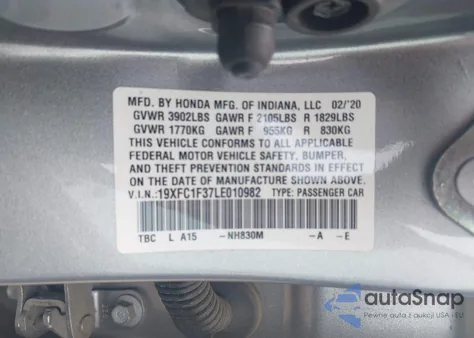 2020 Honda Civic Ex from USA, damaged, VIN 19XFC1F37LE010982